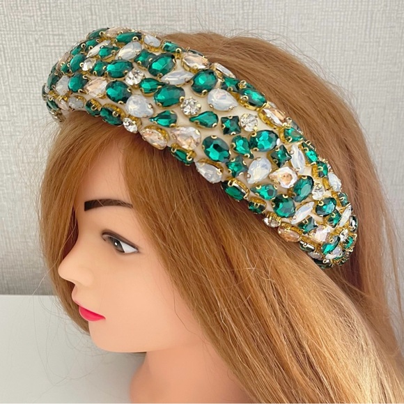 Accessories - Oversized green and gold and silver crystal headband hair band big padded Alice